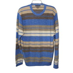 Daniel Cremieux long sleeve stripe Crew neck Merino blue‎ brown sweater L